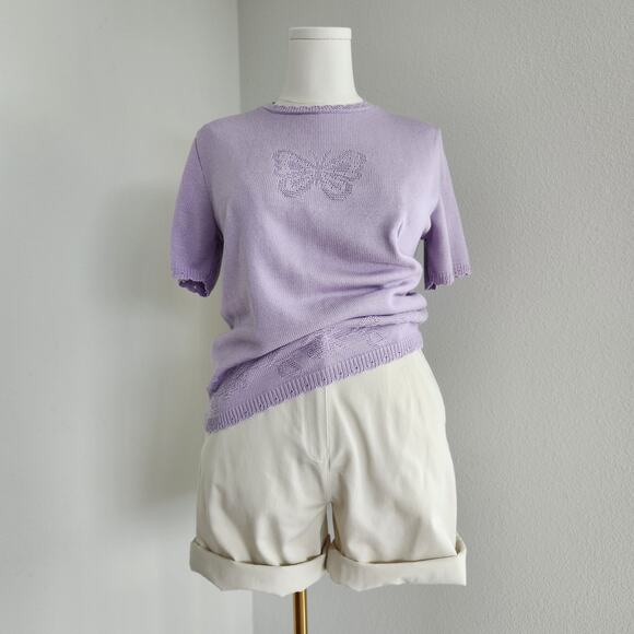 Vintage 90s Alfred Dunner Lilac Knit Butterfly Sweater Top Petite Large PL USA - Picture 1 of 10